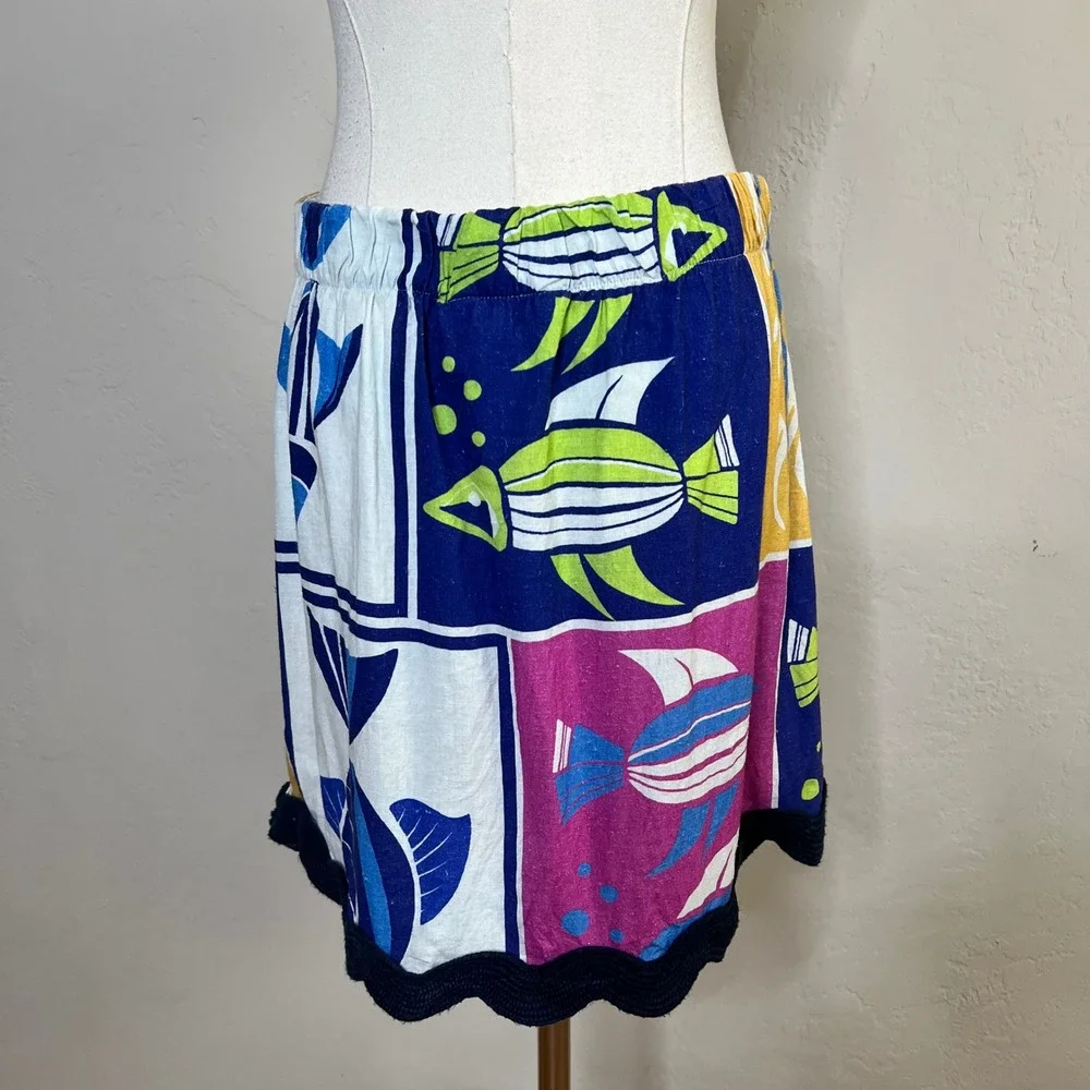 Anthropologie Celandine‎ Mini Skirt Fish Print XS Colorful Linen Blend Ric Rac